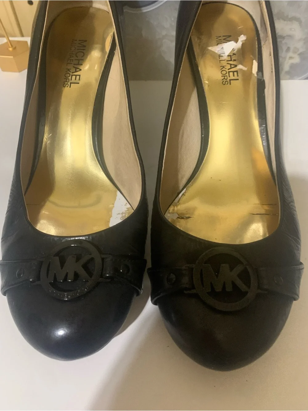 Michael Kors Black Leather Round-Toe Heels with MK Emblem